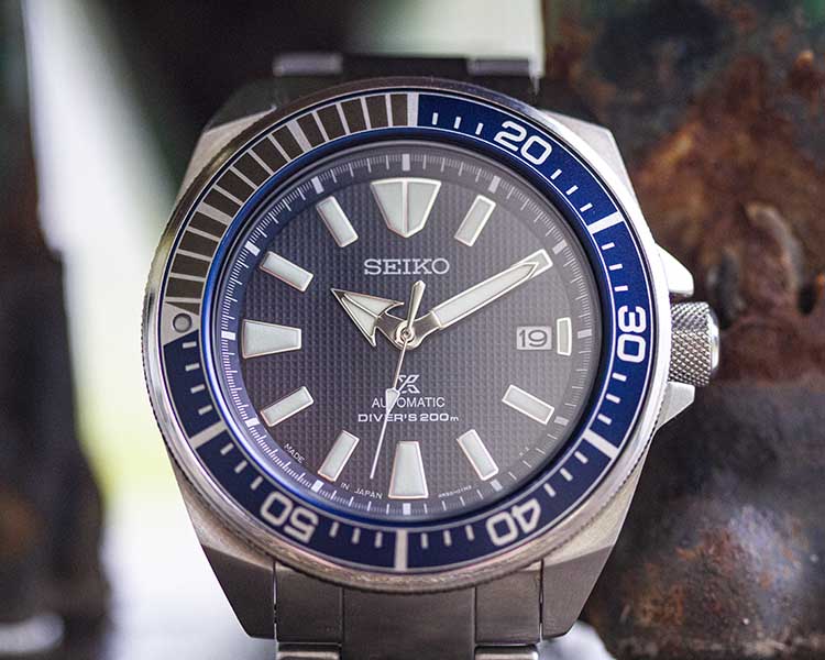 SRPB49 Samurai Blue Textured Dial Close up Details