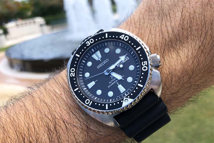 Seiko Turtle Black Dial Black Silicone Strap On Wrist