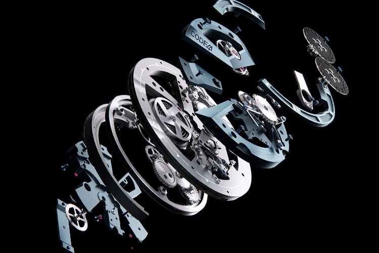 Exploded CODE41 Manufacture Movement Skeletonized with Blue Bridges