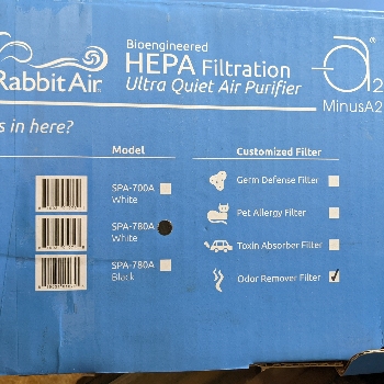 Rabbit Air Shipping Box with Model Specifications