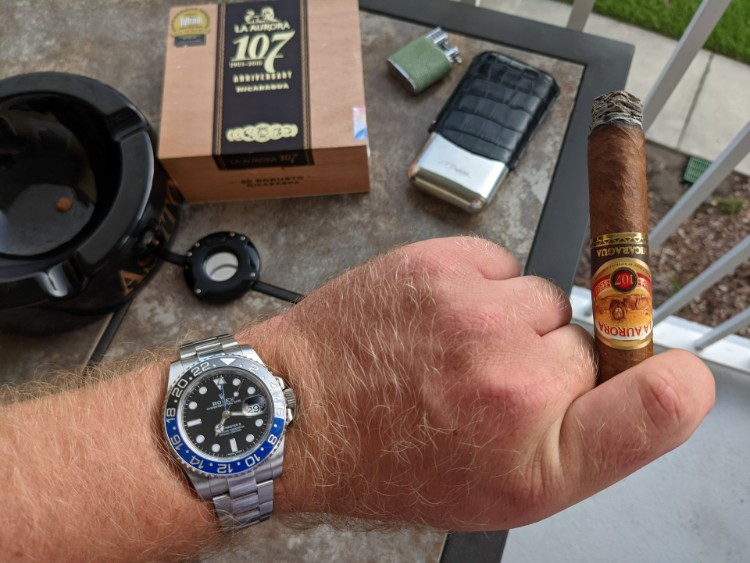 La Aurora 107 Nicaragua Cigar With Rolex Batman On Wrist