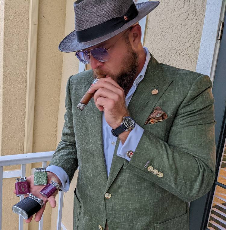 Paul Anthony In Seersucker Suit With Bespoke Leather Lighters