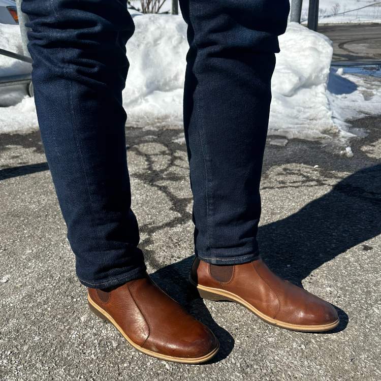 Amberjack Chelsea Boots On Feet with Dark JEans