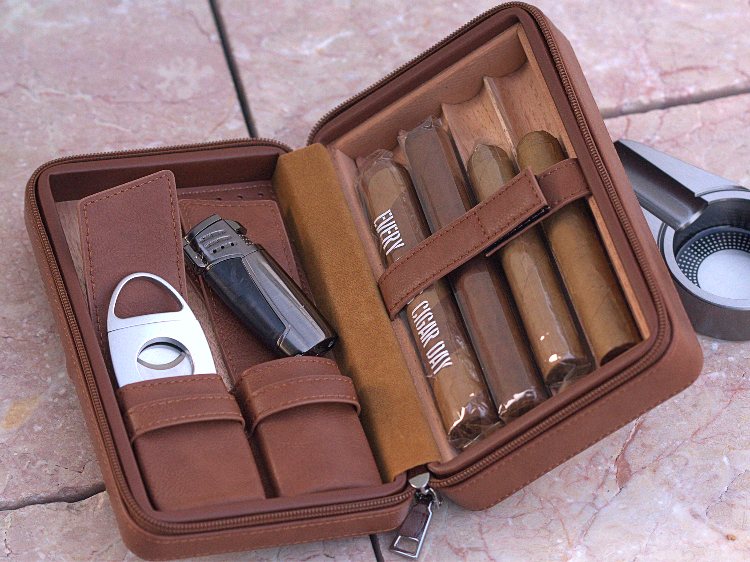 Inside of CiTree Humidor With Cigars & Cutter Lighter Accessories