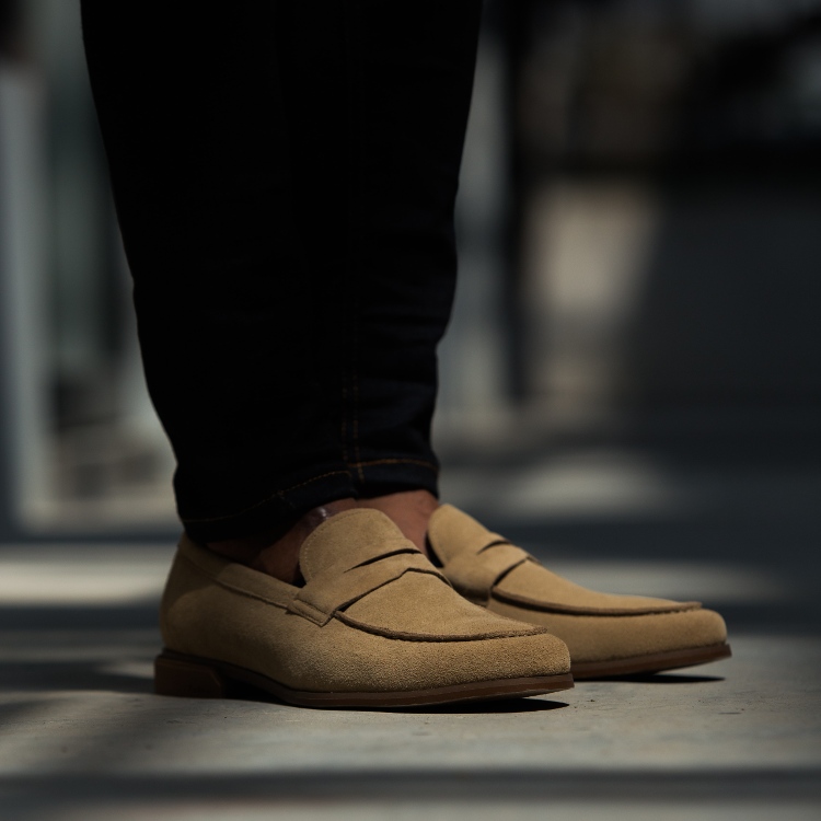 MAn Wearing Suede Slip-On Shoes & Jeans