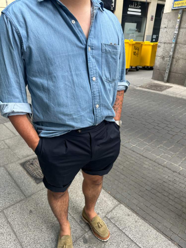 Closeup Shot of Classic Fella Blue Pleated Cotton Shorts